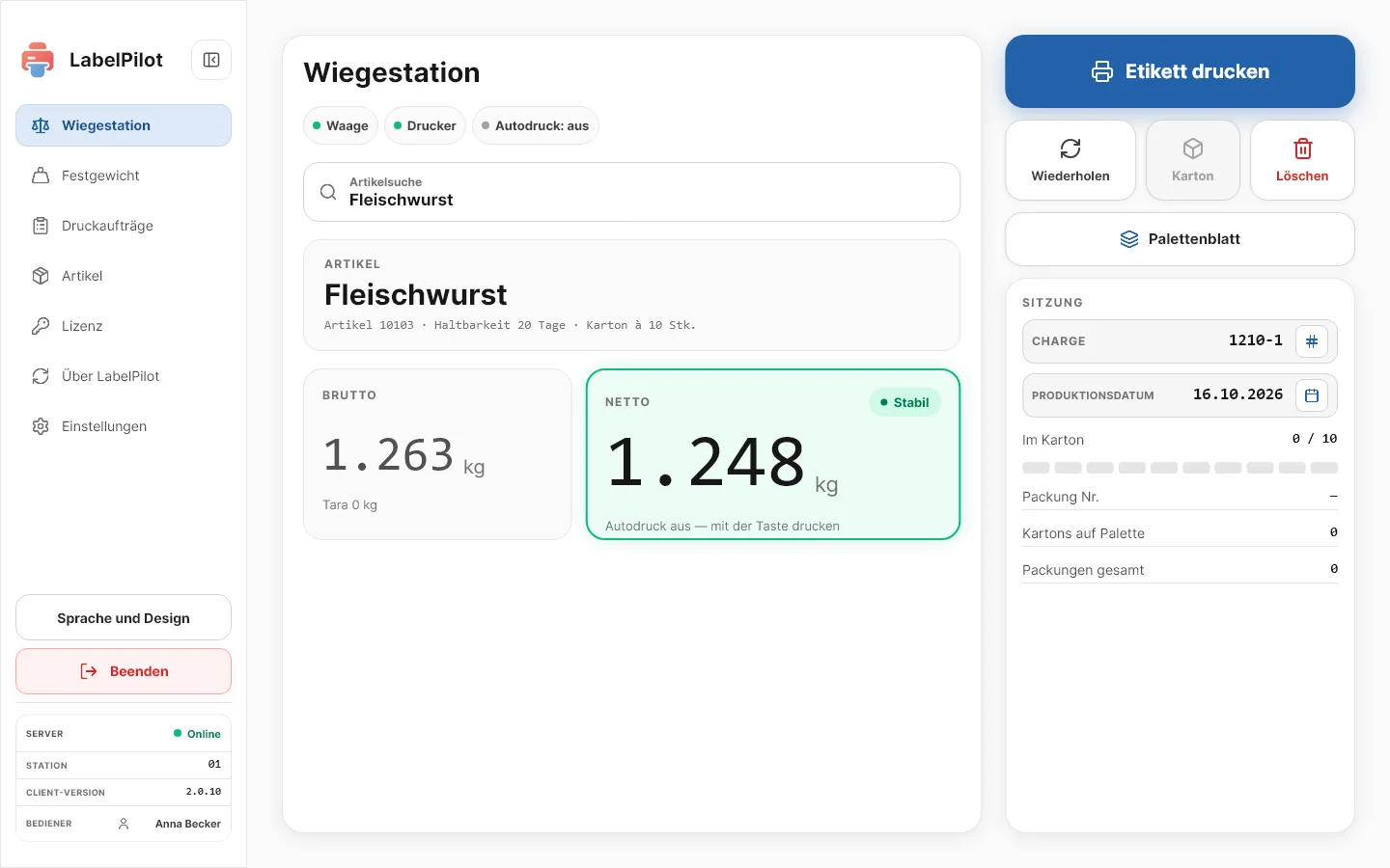 Etikettierstation: Gewicht, Artikel und Druck